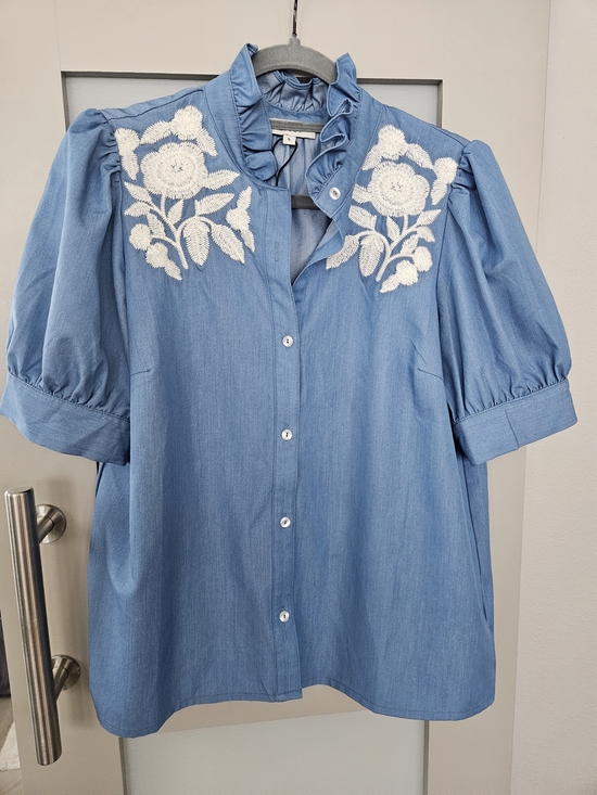 Avara Tops - Light Blue Embroidered Ruffle-Neck Button Front Blouse